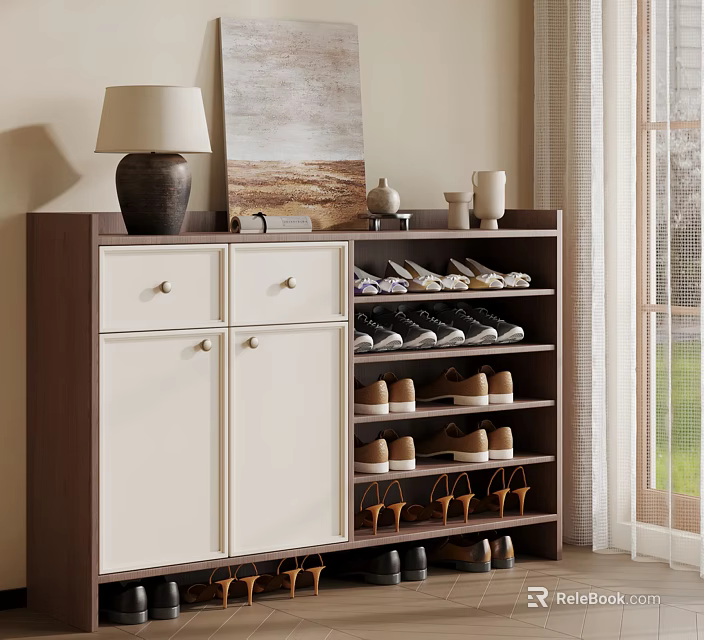 Modern Brown And White Shoe Cabinet With Storage Shelves And Decorative Items 3d model 