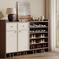 Modern Brown And White Shoe Cabinet With Storage Shelves And Decorative Items