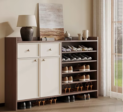 Modern Brown And White Shoe Cabinet With Storage Shelves And Decorative Items 3d model