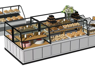 Bakery Display Shelves with Glass Cases Holding Fresh Pastries Bread And Cakes and Flower Arrangement 3d model