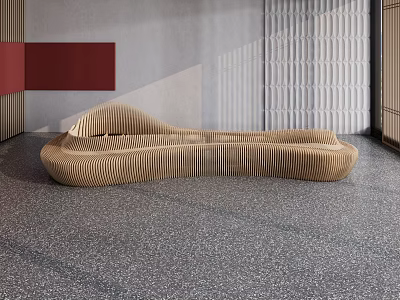Modern Wavy Wooden Landscape Seat In Contemporary Interior With Gray Wall And Red Accent 3d model