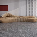 Modern Wavy Wooden Landscape Seat In Contemporary Interior With Gray Wall And Red Accent