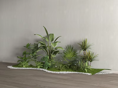 Diverse Indoor Plant Combination With Light Gray Wall Wooden Floor And White Pebbles Border 3d model