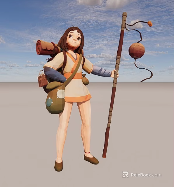 Traditional Outfit Game and Movie Female Character Carrying Scroll Pouch Holding Staff With Lantern 3d model 