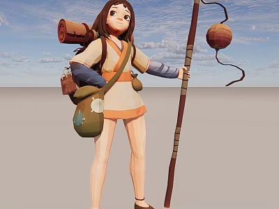 Traditional Outfit Game and Movie Female Character Carrying Scroll Pouch Holding Staff With Lantern 3d model