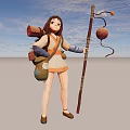 Traditional Outfit Game and Movie Female Character Carrying Scroll Pouch Holding Staff With Lantern