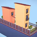 Cartoon Scene With Yellow Orange Buildings Red Roofs Pizza Shop Striped Awning And Street Lamp