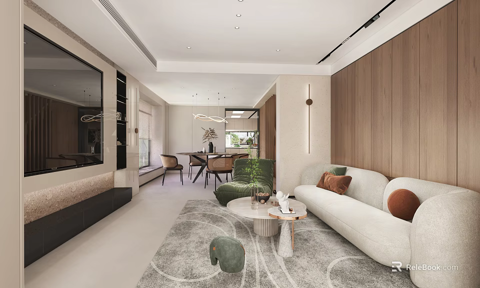 Modern Living And Dining Room Interior With Neutral Sofa Wooden Coffee Table And Pendant Lights 3d model 