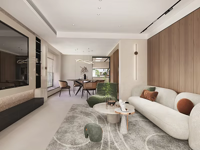 Modern Living And Dining Room Interior With Neutral Sofa Wooden Coffee Table And Pendant Lights 3d model