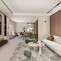 Modern Living And Dining Room Interior With Neutral Sofa Wooden Coffee Table And Pendant Lights