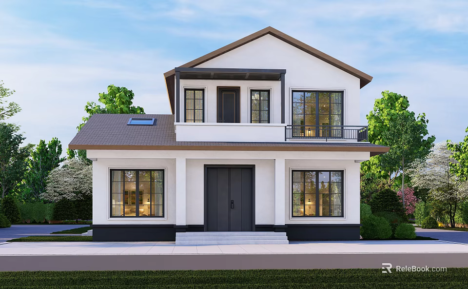 Two Story Single Family House With White Exterior Black Roof Large Windows And Green Surroundings 3d model 