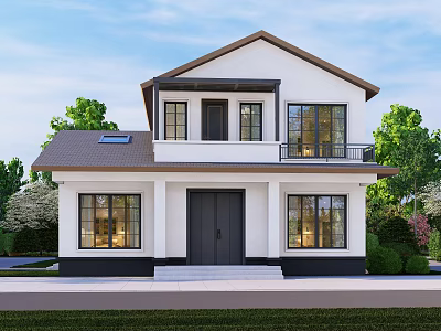 Two Story Single Family House With White Exterior Black Roof Large Windows And Green Surroundings 3d model