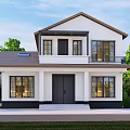 Two Story Single Family House With White Exterior Black Roof Large Windows And Green Surroundings