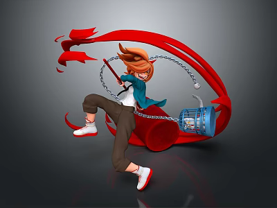 Dynamic Game Character With Brown Hair Blue Jacket Wielding Red Chain And White Shoes 3d model