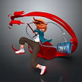 Dynamic Game Character With Brown Hair Blue Jacket Wielding Red Chain And White Shoes