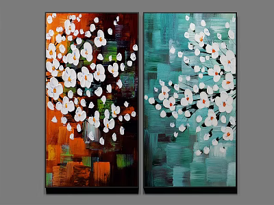 Two Panel Abstract Oil Paintings With White Flowers And Vibrant Colors 3d model