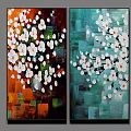 Two Panel Abstract Oil Paintings With White Flowers And Vibrant Colors