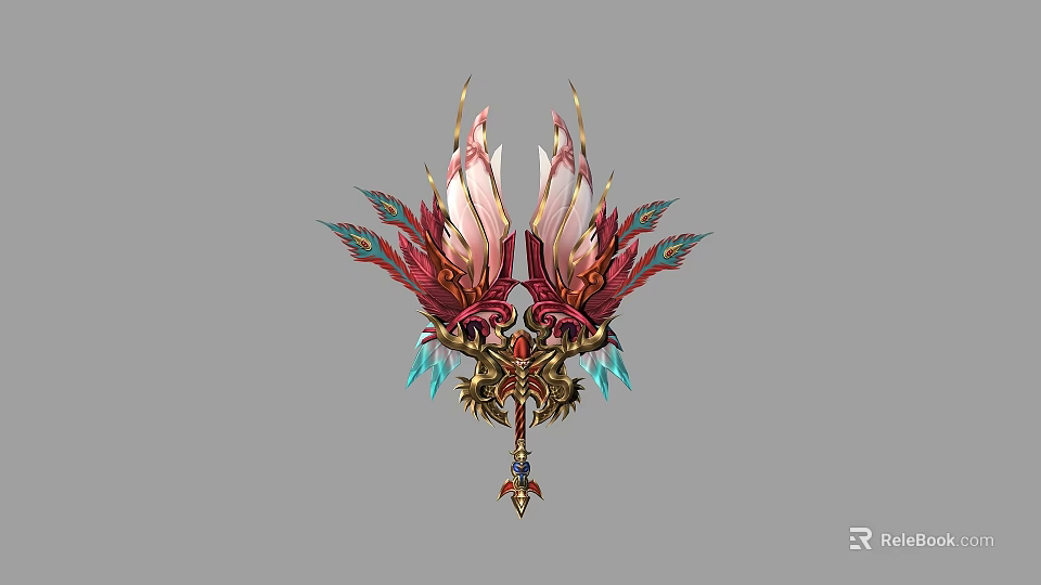 Ornate Mythical Weapon With Feather Details Golden Accents And Blue Gemstones 3d model 
