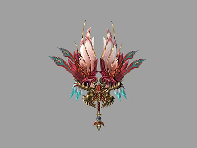 Ornate Mythical Weapon With Feather Details Golden Accents And Blue Gemstones 3d model
