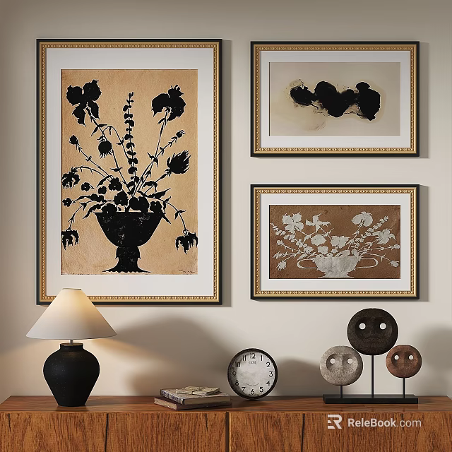 Abstract Paintings With Framed Black White Floral Art Golden Frames And Wall Decor 3d model 
