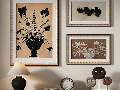 Abstract Paintings With Framed Black White Floral Art Golden Frames And Wall Decor 3d model