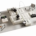 Modern Minimalist Living Room Sofa and Coffee Table Set with White L Shaped Black Cushions
