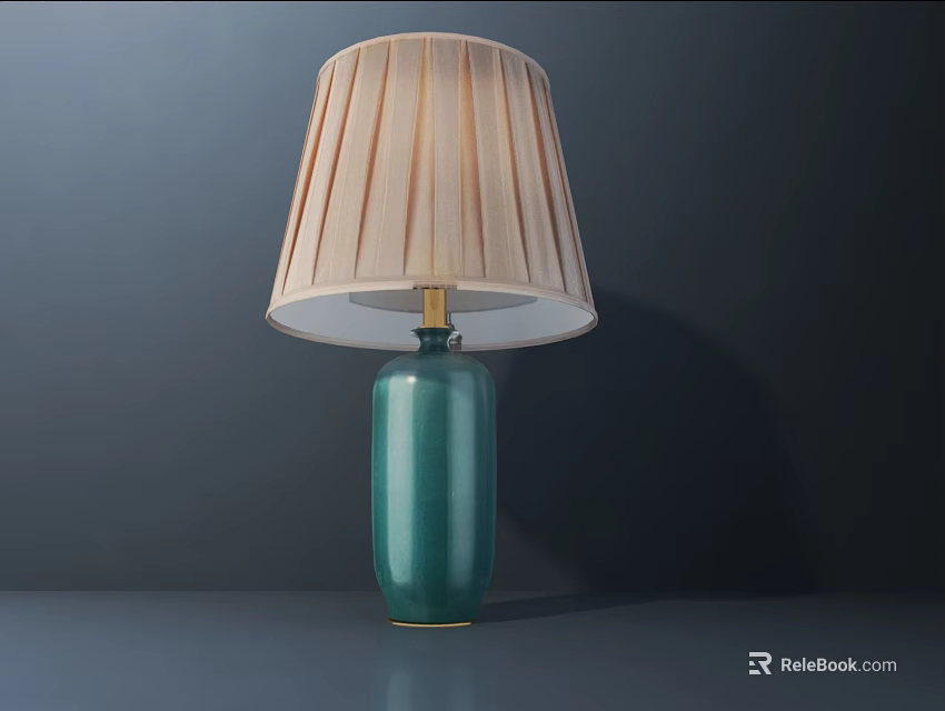 Green Vase Shaped Table Lamp with Cream Pleated Lampshade and Golden Accents in Minimalist Setting 3d model 