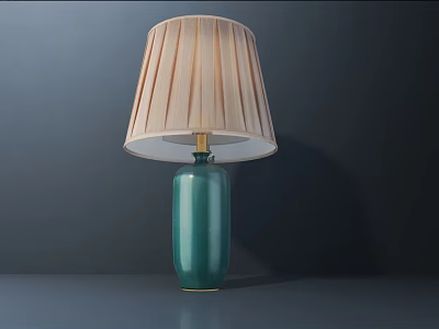 Green Vase Shaped Table Lamp with Cream Pleated Lampshade and Golden Accents in Minimalist Setting 3d model