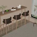 Modern Wooden Bar Counter With Grey High Stools Green Plants Fruits Books Decorations By Window