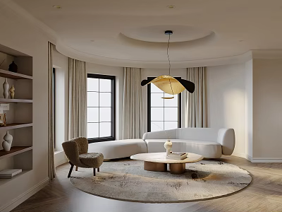 Modern Minimalist Living Room With Curved Sofa Round Rug And Pendant Light 3d model