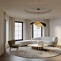 Modern Minimalist Living Room With Curved Sofa Round Rug And Pendant Light