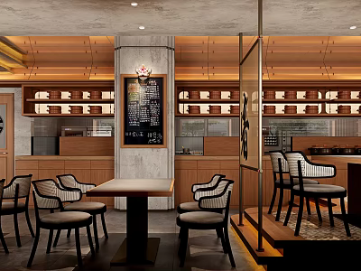 Hot Pot Restaurant Interior With Wooden Decor Dining Tables Chairs And Menu Board 3d model