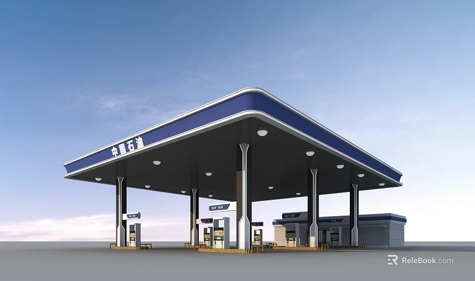 Modern Gas Station Structure With Blue Canopy Fuel Pumps And Columns 3d model 