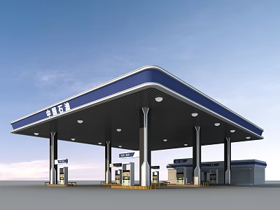 Modern Gas Station Structure With Blue Canopy Fuel Pumps And Columns 3d model