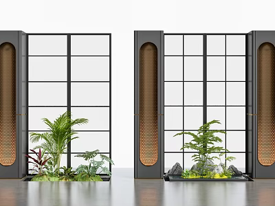 Modern Room Divider With Black Metal Frame Grid Glass Panels And Green Plants 3d model