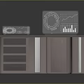 Modern L Shaped Office Desk With Dual Screens Charts Map And Wooden Drawers