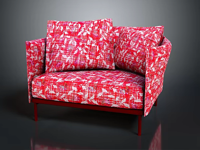 Red And White Patterned Fabric Single Seater Sofa With Cushions And Dark Legs 3d model