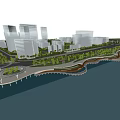 Waterfront Park Landscape With Urban Buildings Lush Greenery Scenic Walkway And Boats On Blue Water