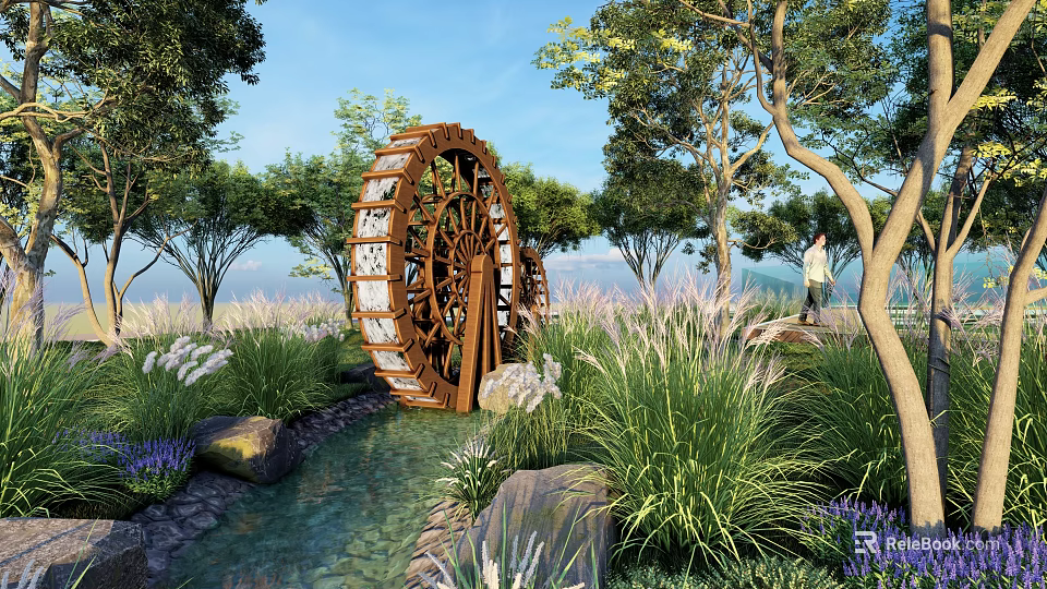 Charming Garden Ornament Featuring Wooden Waterwheel Lush Greenery And Stone Path 3d model 