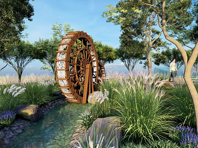 Charming Garden Ornament Featuring Wooden Waterwheel Lush Greenery And Stone Path 3d model