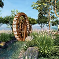 Charming Garden Ornament Featuring Wooden Waterwheel Lush Greenery And Stone Path