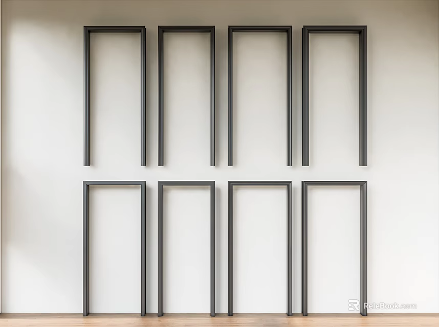 Eight Black Frames Arranged Neatly On White Wall With Wooden Floor 3d model 