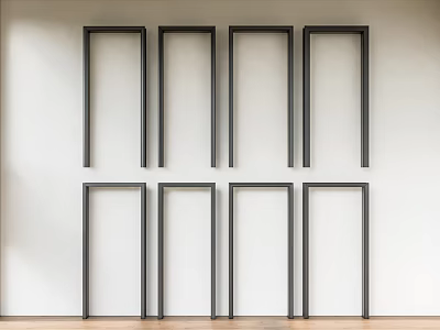 Eight Black Frames Arranged Neatly On White Wall With Wooden Floor 3d model