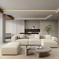 Modern Beige L-shaped Sofa Coffee Table Set with Round Table Wooden Accents and Green Plant