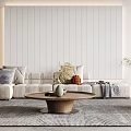 Modern Living Room Interior with Light Gray Sofa Wooden Coffee Table Textured Rug and Vertical Slat Wall