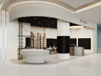 STENBRS Bright Modern Mall Counter with White Black Elements Marble Round Counter and Display Shelves 3d model