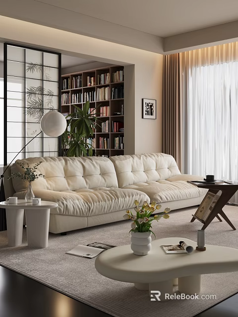 Modern Living Room Interior With Beige Sofa Floor Lamp Bookshelf Plants And Light Curtains 3d model 