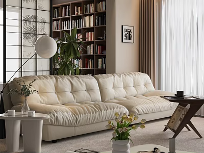 Modern Living Room Interior With Beige Sofa Floor Lamp Bookshelf Plants And Light Curtains 3d model
