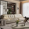 Modern Living Room Interior With Beige Sofa Floor Lamp Bookshelf Plants And Light Curtains