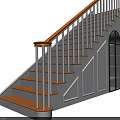 Staircase With Wooden Handrail White Balusters Steps White Wall And Arched Black Frame Window